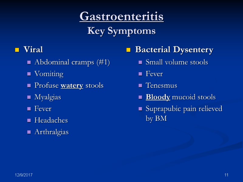 12/9/2017 11 Gastroenteritis Key Symptoms Viral Abdominal cramps (#1) Vomiting Profuse watery stools Myalgias